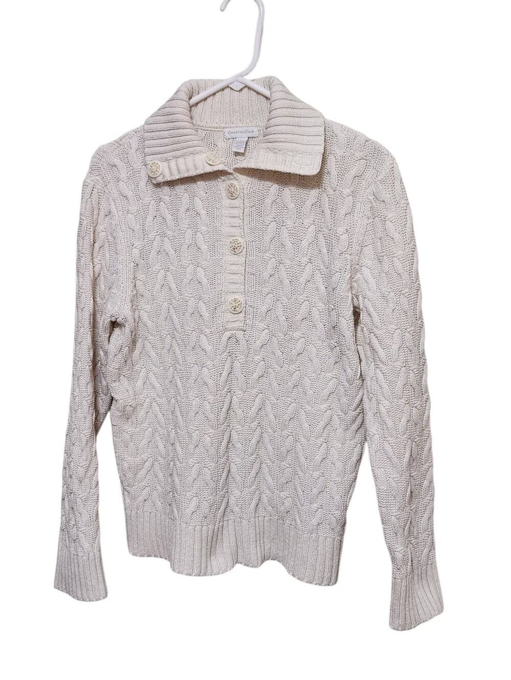 Charter Club Cable-Knit Button Polo Sweater - Cream